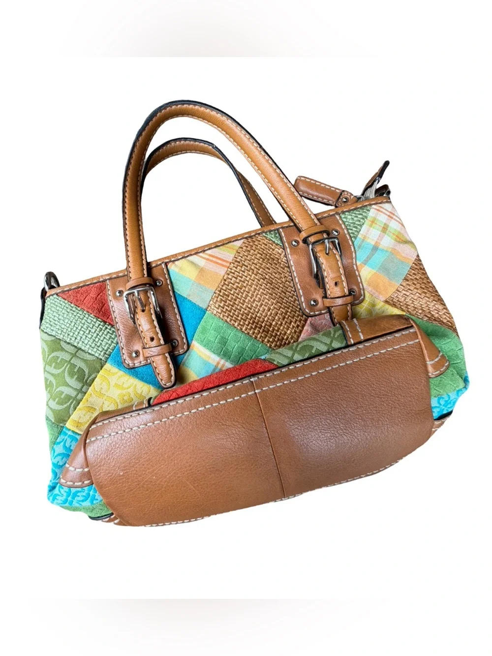 Fossil Key Patchwork Multicolor Satchel Handbag with Tan Leather Trim
